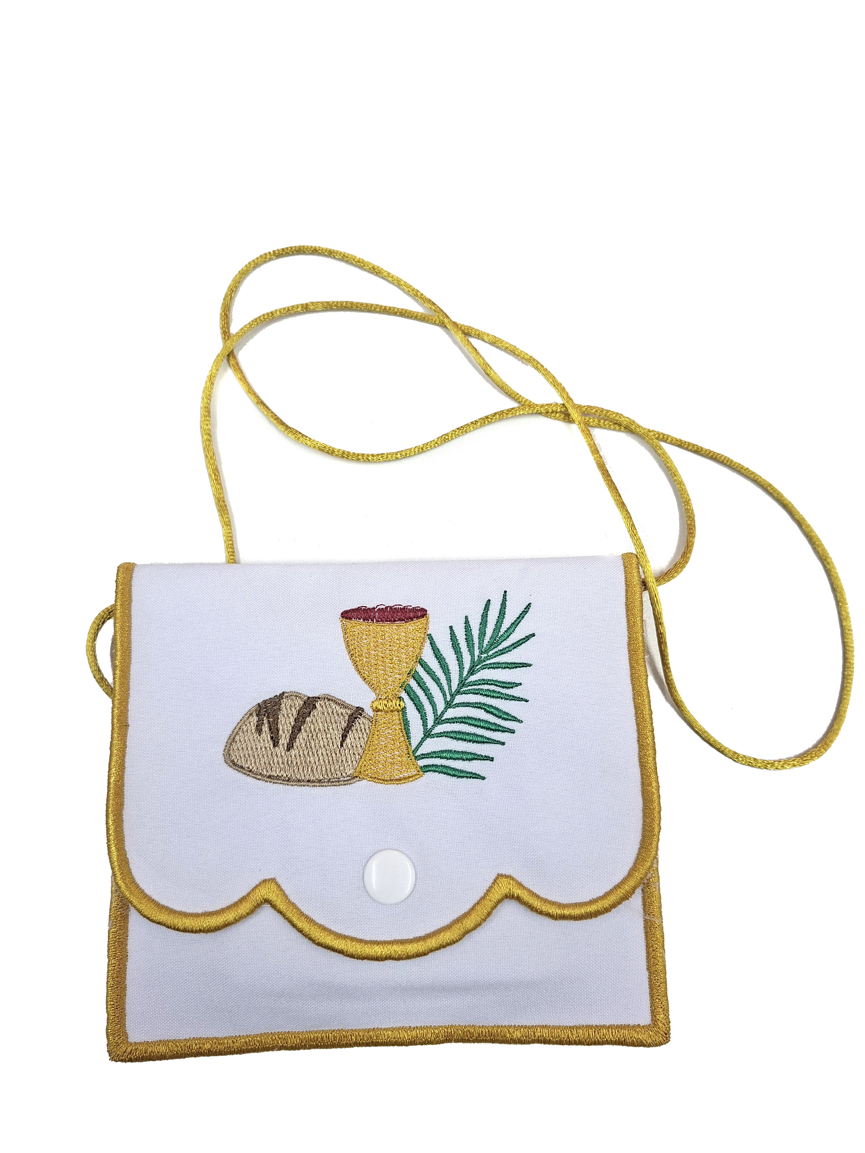 Bolsa litúrgica bordada — Cálice, Pão e Palma
